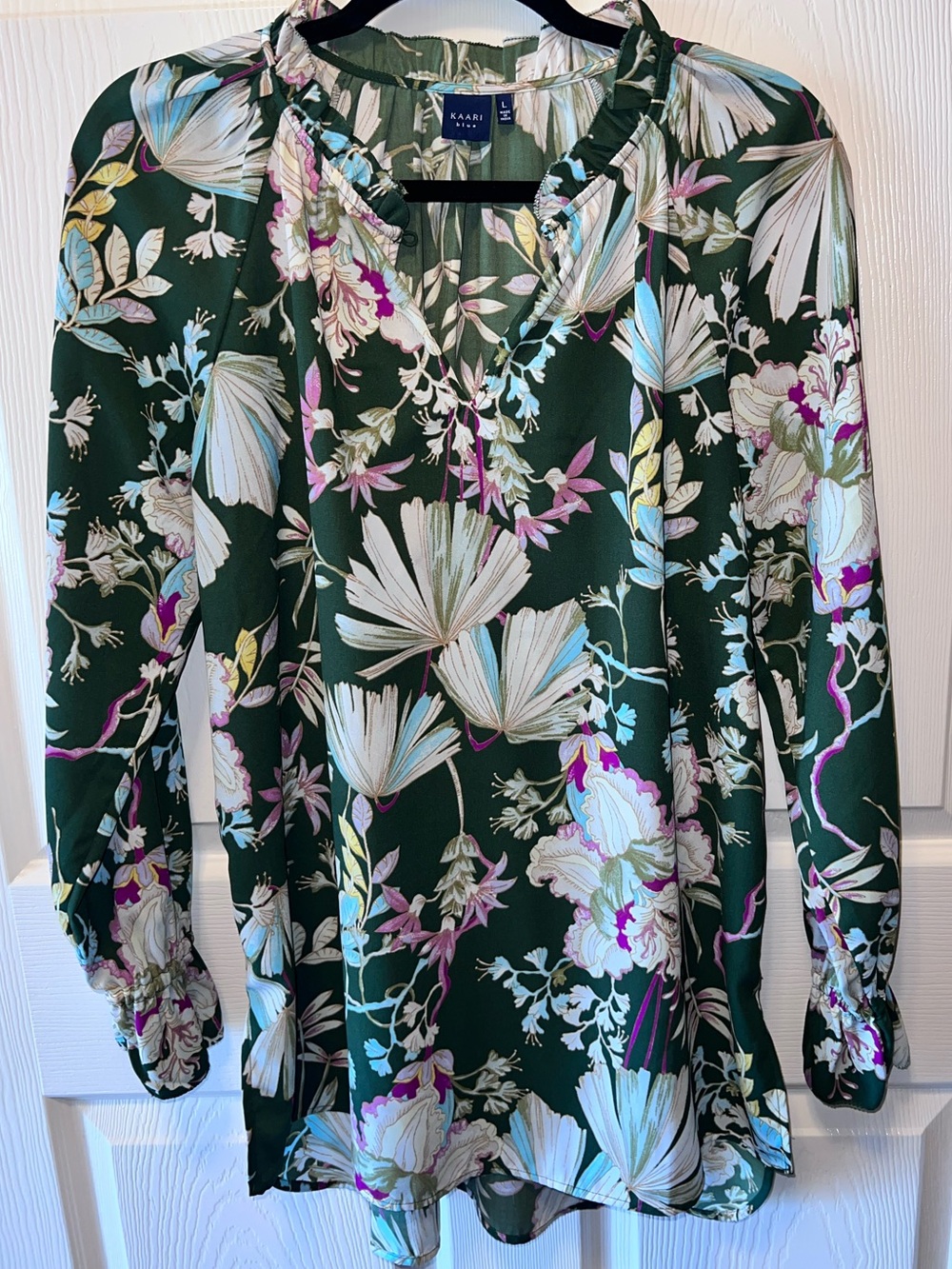 Kaari Blue Olive Green Floral Long Sleeve Blouse Sz L